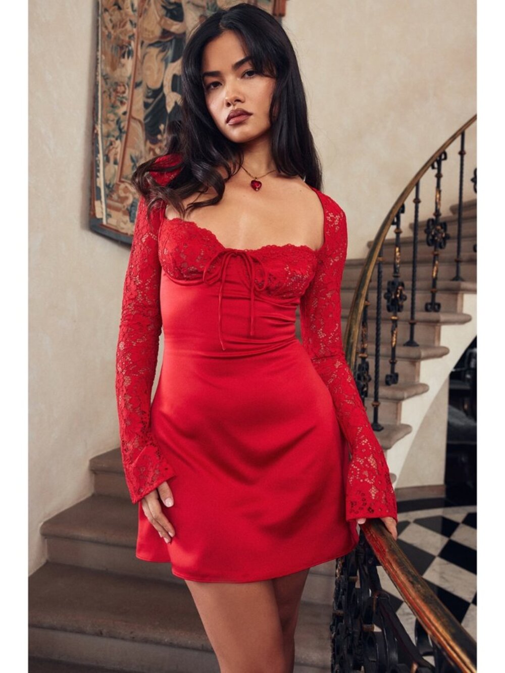 NWT House of CB Jennica Red Rose Satin Lace Mini Dress S MSRP $240